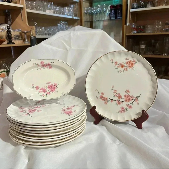 Vintage W.S. George 22 Carat Gold Painted Plate Set of 10 Bolero Peach Blossom - Picture 4 of 7